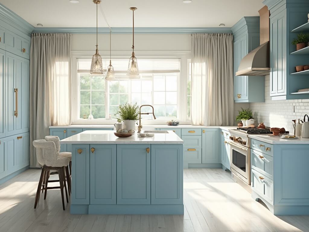 "Modern coastal kitchen with light blue Shaker-style cabinets, marble countertops, natural lighting, and stylish decor"