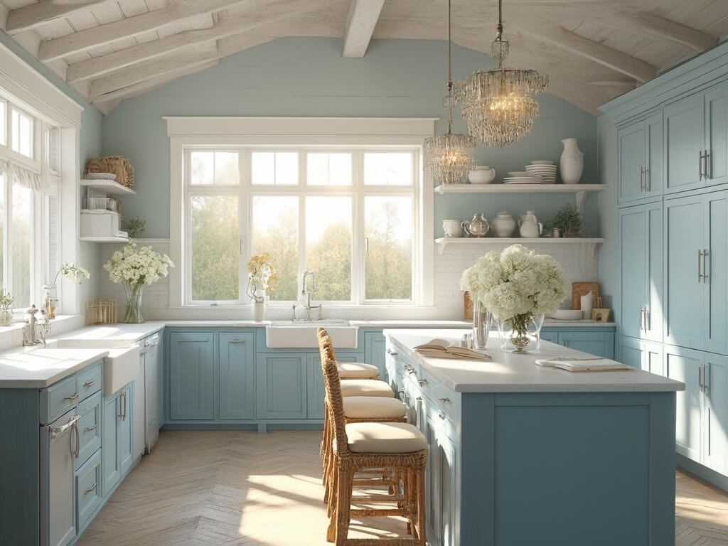 "Elegant coastal kitchen with powder blue Shaker-style cabinets, white quartz countertops, and oak herringbone floors in golden hour lighting"