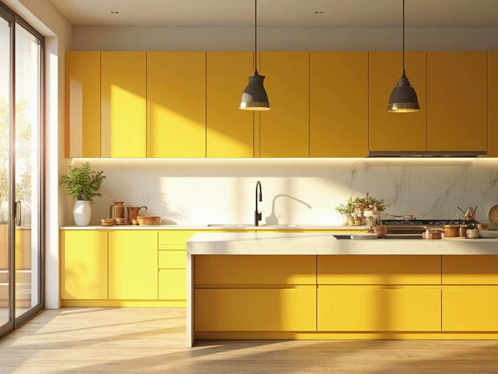"Sunny, contemporary kitchen interior with lemon-yellow cabinets, white quartz countertops, and golden pendant lights over a waterfall island"