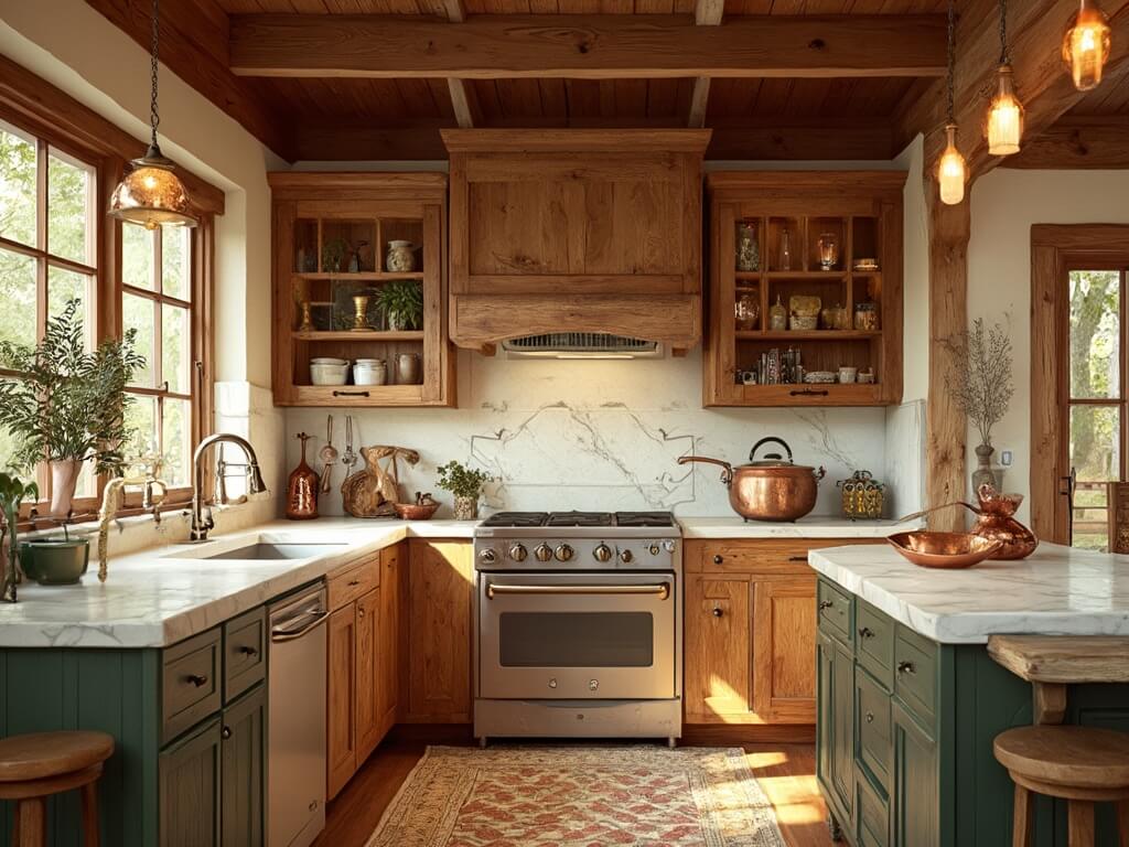 "Antique Craftsman kitchen with quarter-sawn oak cabinets, Carrara marble countertops, and copper accents in a sunlit setting"
