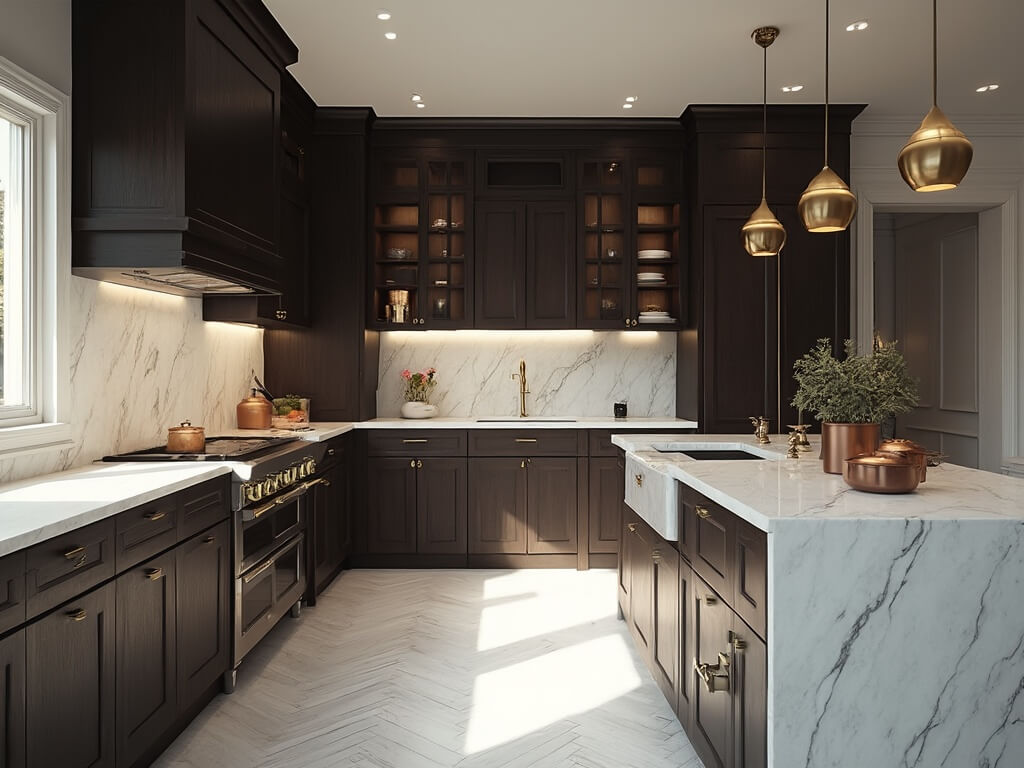 "Luxury kitchen with dark stained shaker cabinets, Carrara marble countertops, gold hardware, white oak herringbone floors, and professional copper cookware under soft morning light"