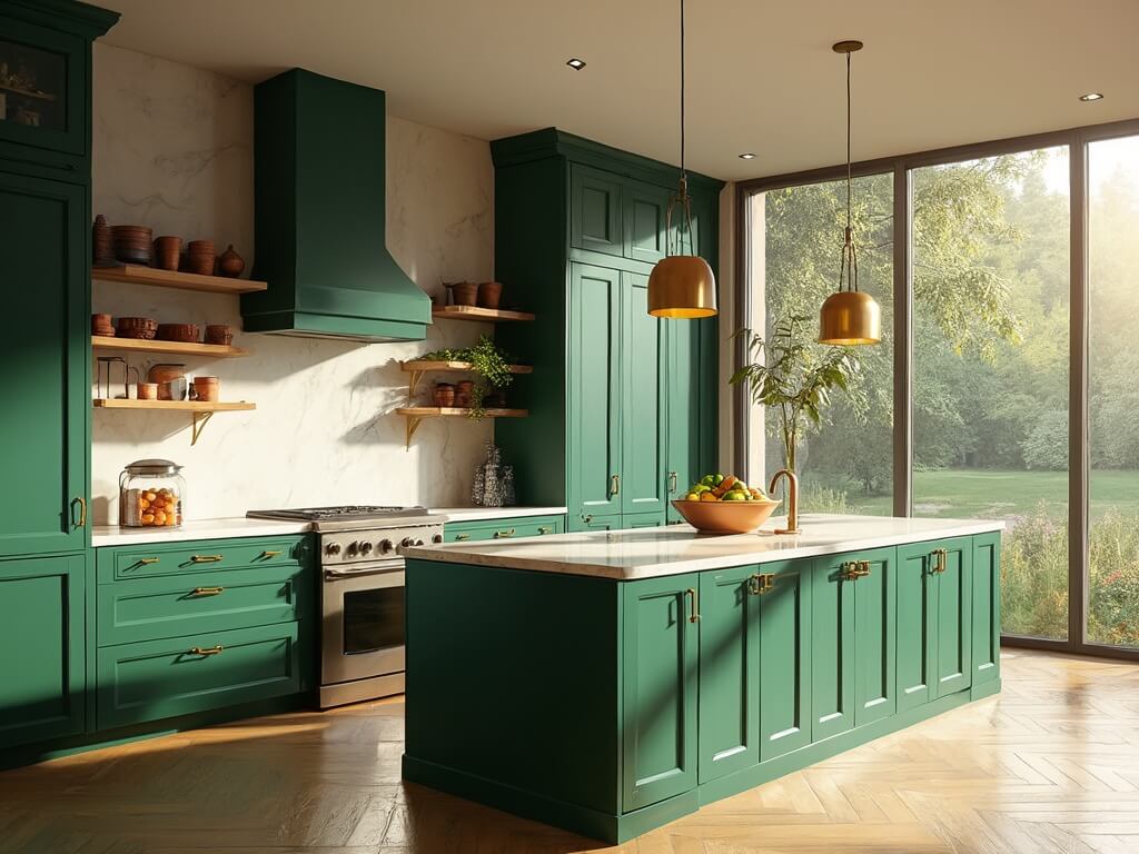 "Luxurious modern kitchen with emerald green cabinets, brass hardware, and white Carrara marble countertops"