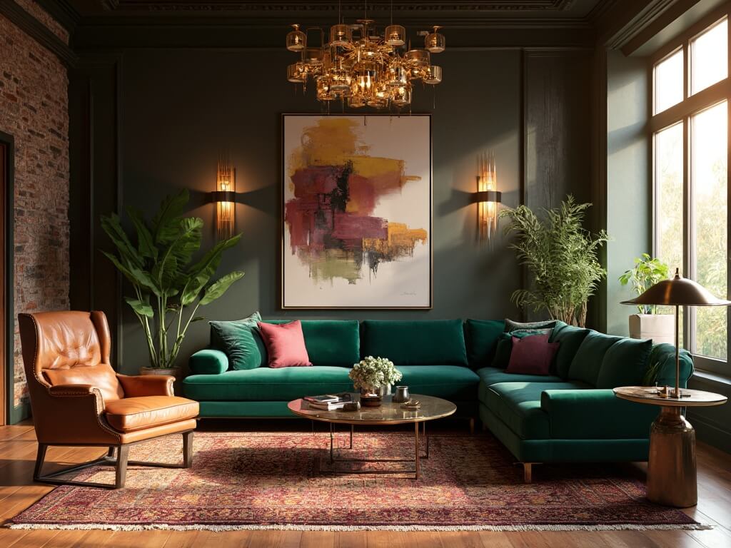 "Sophisticated living room with deep green velvet sofa, mid-century modern elements, exposed brick wall with abstract art and architectural lighting during golden hour."