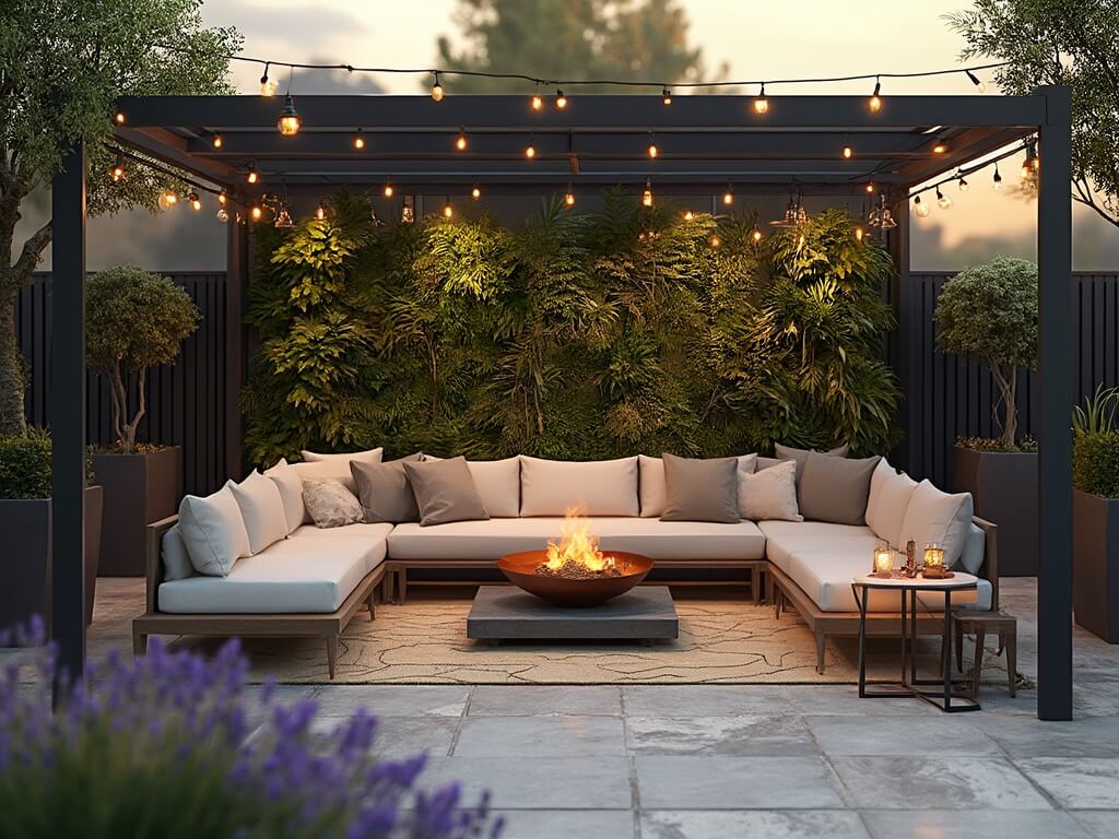 "Luxurious backyard transformation featuring modern outdoor seating, dramatic fire pit, and a living wall, lit warmly at sunset."