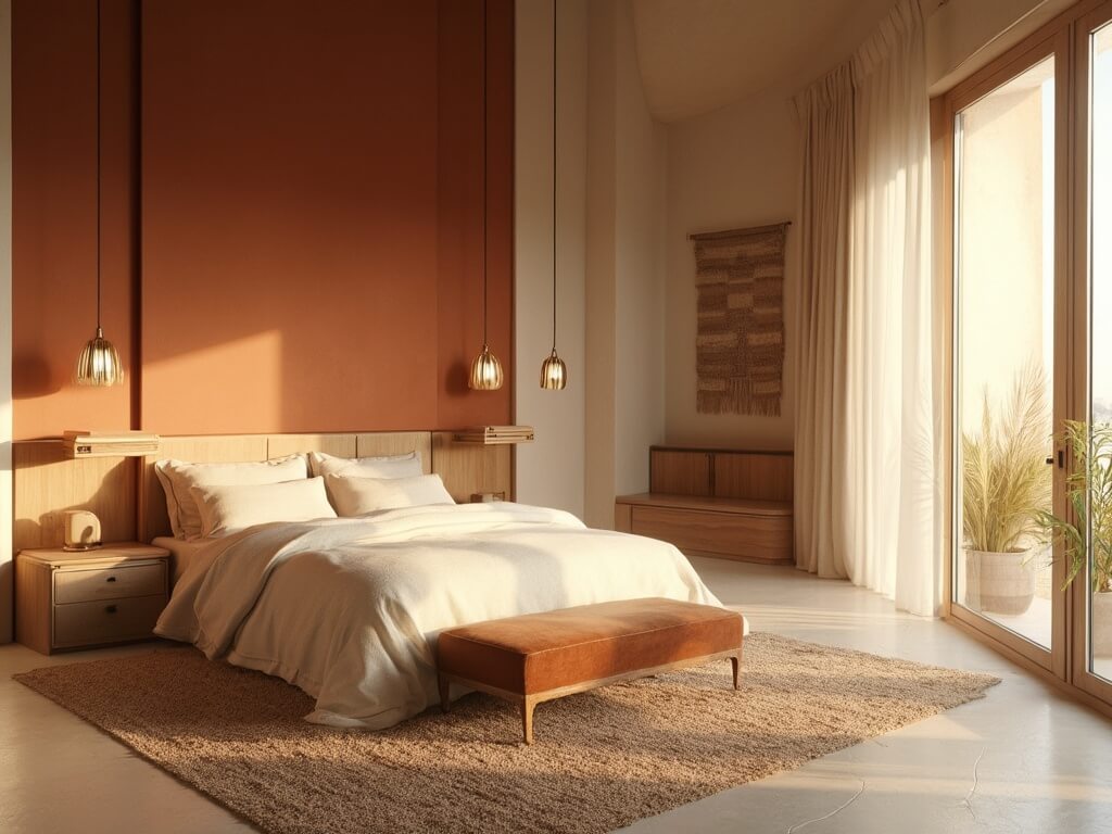 "Luxurious contemporary bedroom with warm neutral colors, floor-to-ceiling windows, terracotta accent wall, low-profile platform bed, and modern tech features, captured during golden hour."