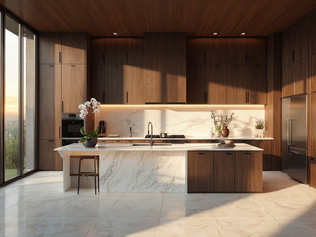 "Modern elegant kitchen with dark oak cabinets, Calacatta marble island, stainless steel appliances, and warm sunlight filtering through large windows"