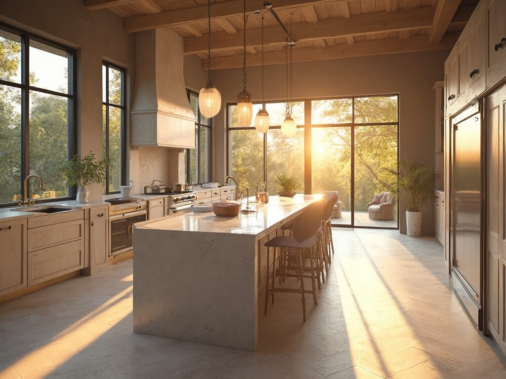 "Transitional luxury kitchen with Pale Oak cabinets, Taj Mahal Quartzite island, stainless steel appliances, and golden hour sunlight streaming through black steel windows"