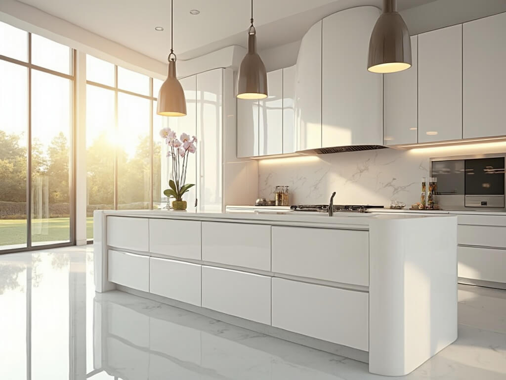 "Modern luxurious white high-gloss kitchen with stainless steel appliances and large quartz island"