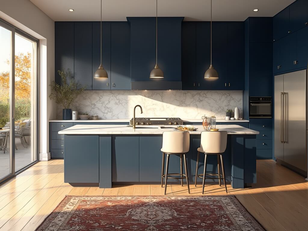 "Luxurious navy blue kitchen with Carrara marble island, professional-grade appliances, and antique Persian rug, bathed in golden morning sunlight"