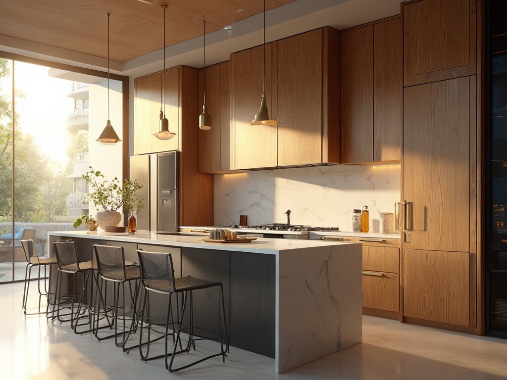 "Luxurious modern kitchen with oak cabinets and stainless steel appliances in warm natural lighting"