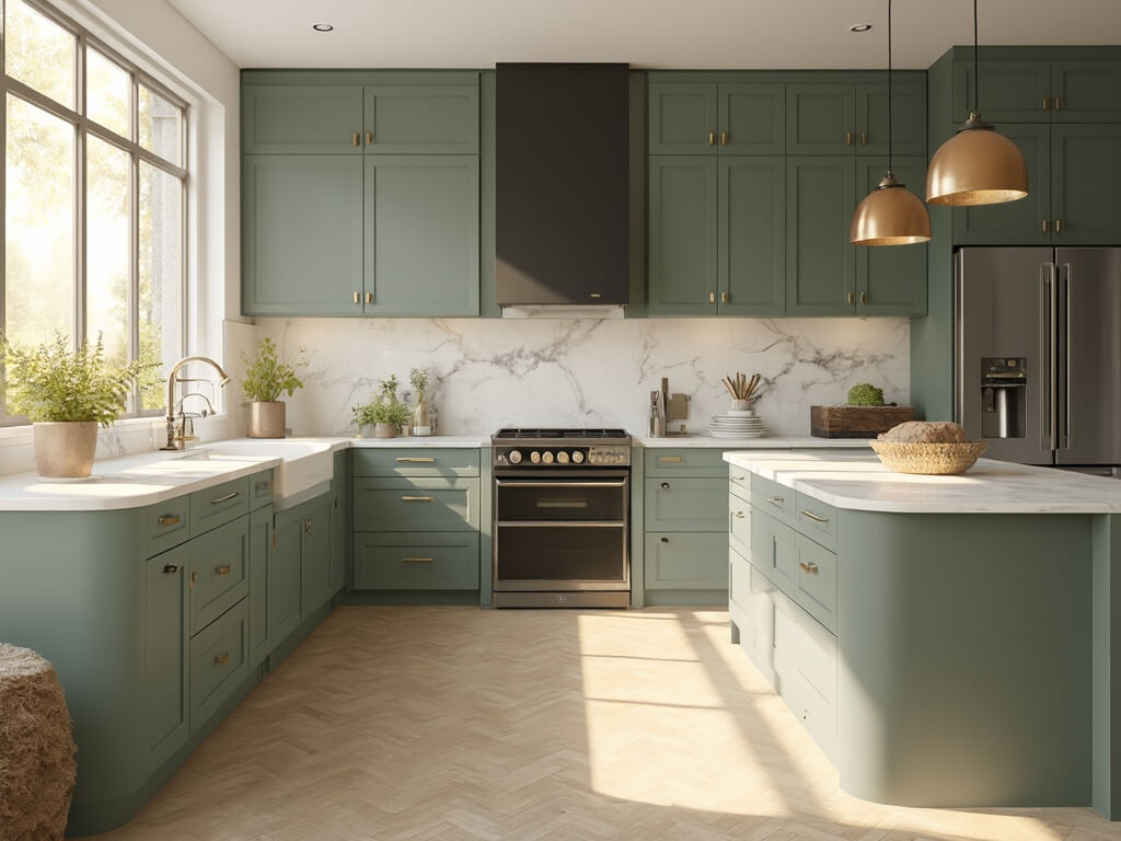 "Modern luxury kitchen with Pewter Green cabinets, white Carrara marble countertops, and matte black Wolf appliances bathed in golden hour sunlight."