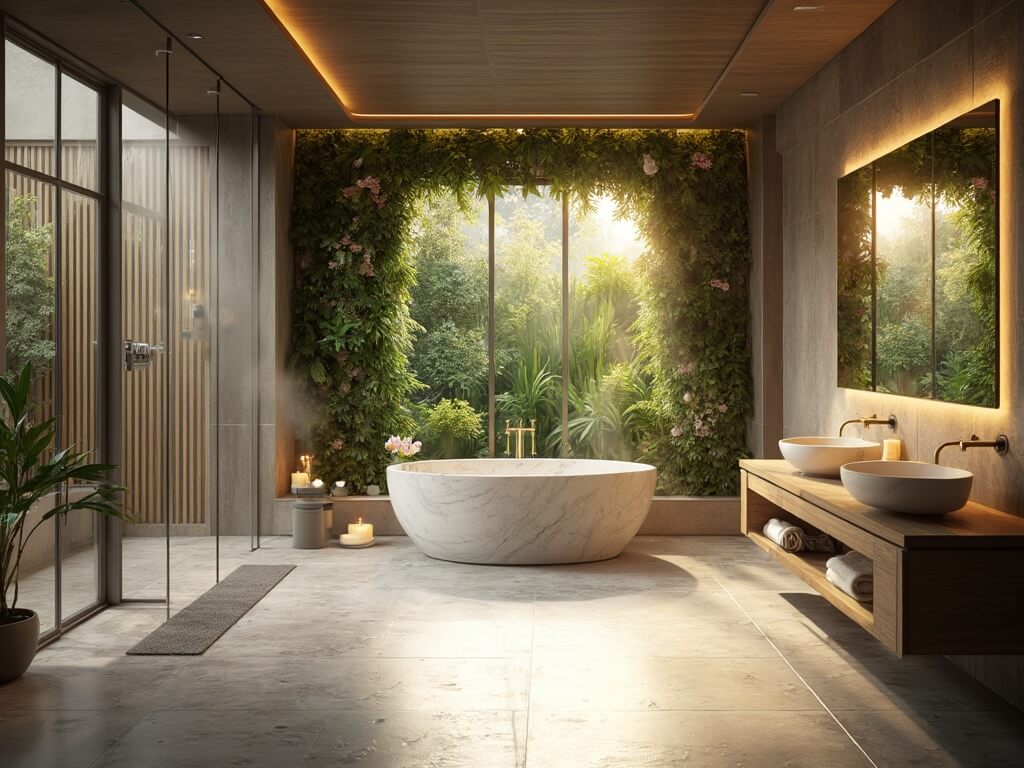 "Luxury modern spa bathroom with green living wall, marble soaking tub, smart-glass shower, and wooden slat privacy screen, in golden hour lighting"