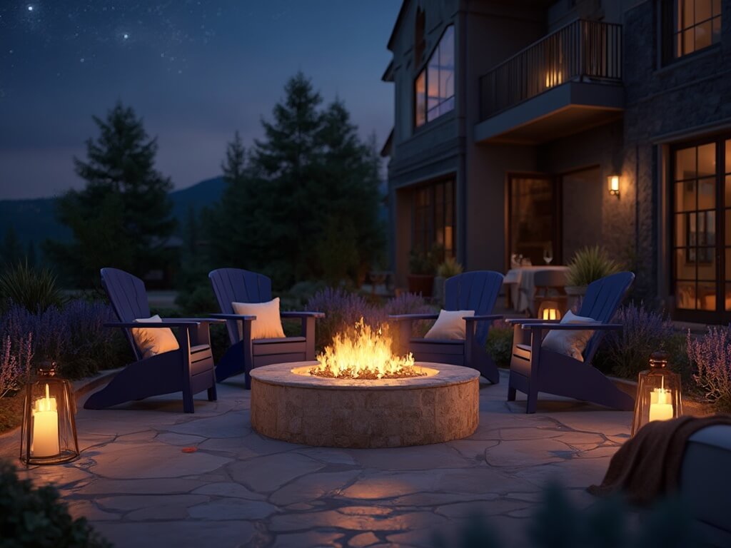 "Luxurious twilight fire pit scene with navy blue Adirondack chairs, warm copper lanterns, and tranquil nature elements."