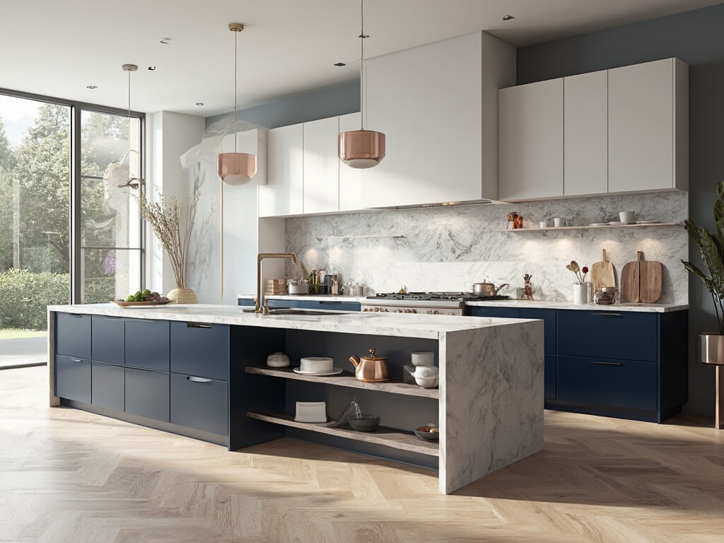 "Luxury two-tone kitchen with navy blue and white cabinets, marble island, white oak floors, and brass pendant lights"