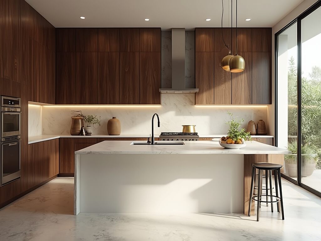 "Luxurious modern kitchen with prominent dark walnut cabinets, white quartz island, brass accents, and high-end stainless steel appliances"