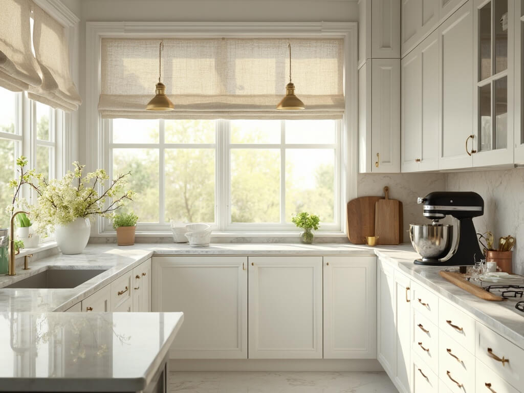 "Luxury white kitchen interior with sunlight streaming in, detailed with brass hardware, marble countertops, fresh hydrangeas and sage green accents"