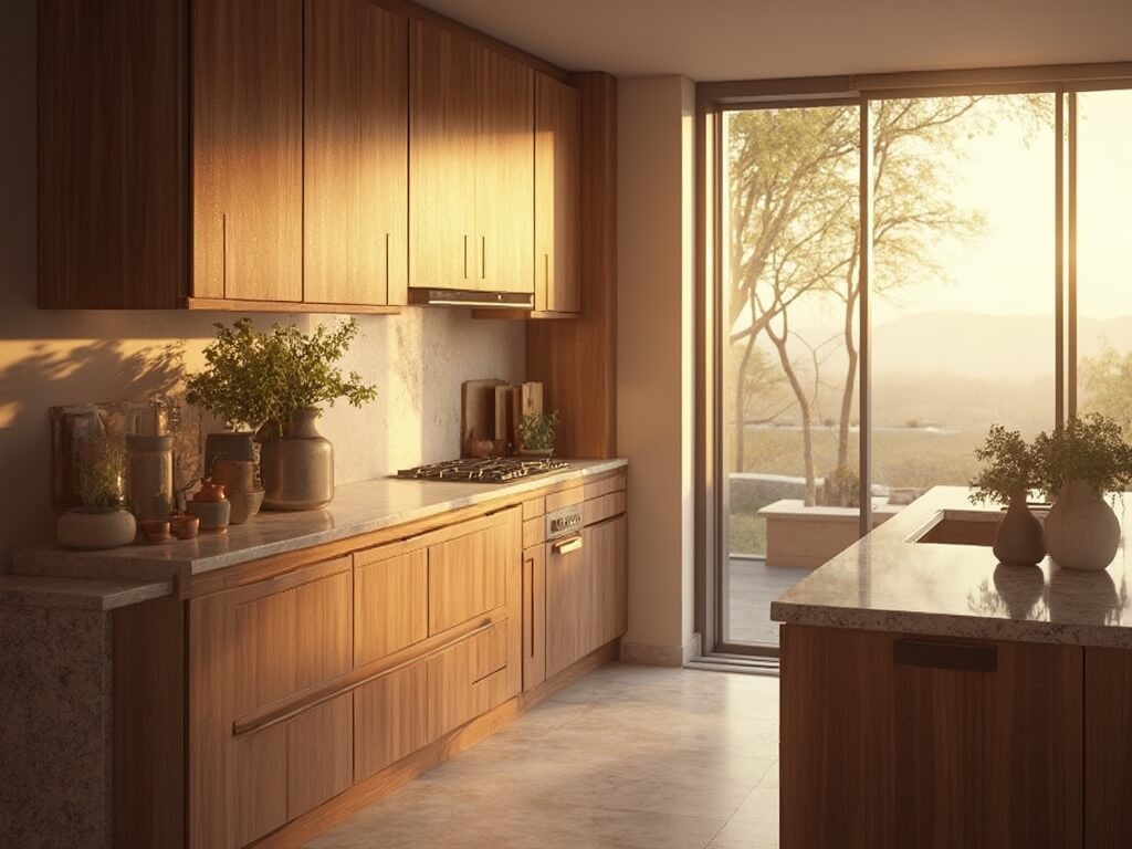 "Luxurious modern kitchen interior featuring rich walnut wood cabinets, marble countertops, and warm sunlight streaming through large windows during golden hour"