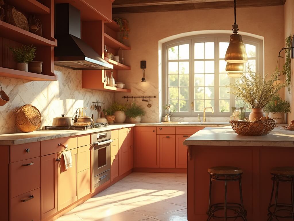 "Sunny Mediterranean kitchen with terracotta cabinets, Carrara marble countertops, brass lights, and chic decor during the golden hour"