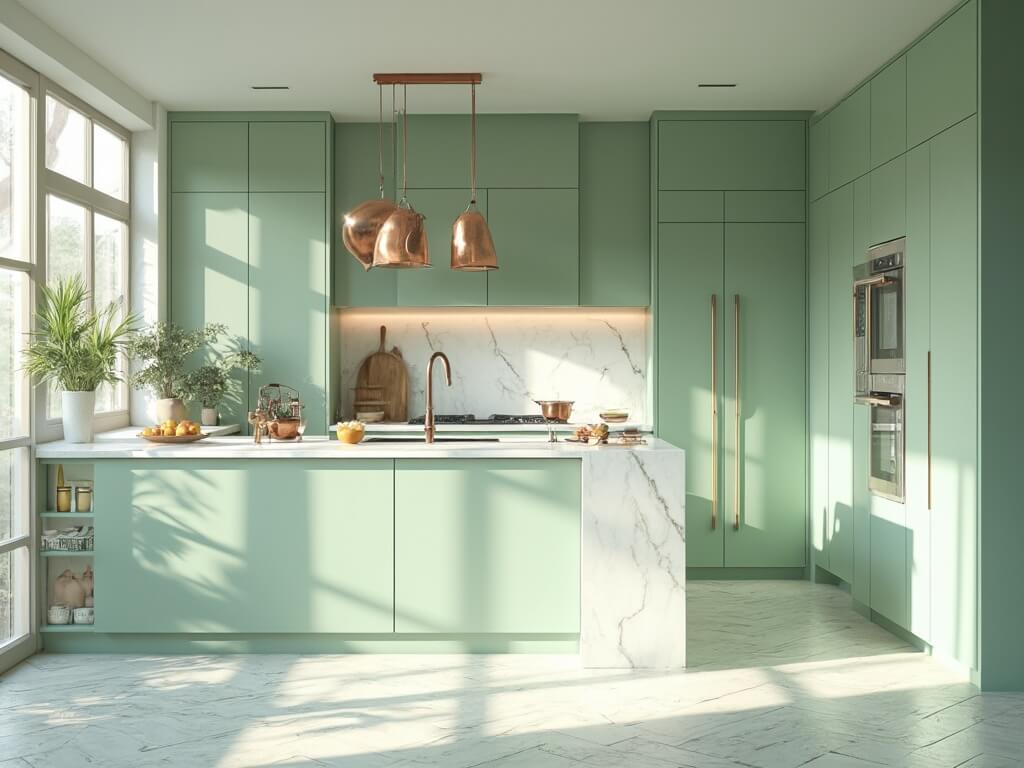 "Sunlit modern kitchen with mint green cabinets, white quartz island, and copper cookware hanging from rack"