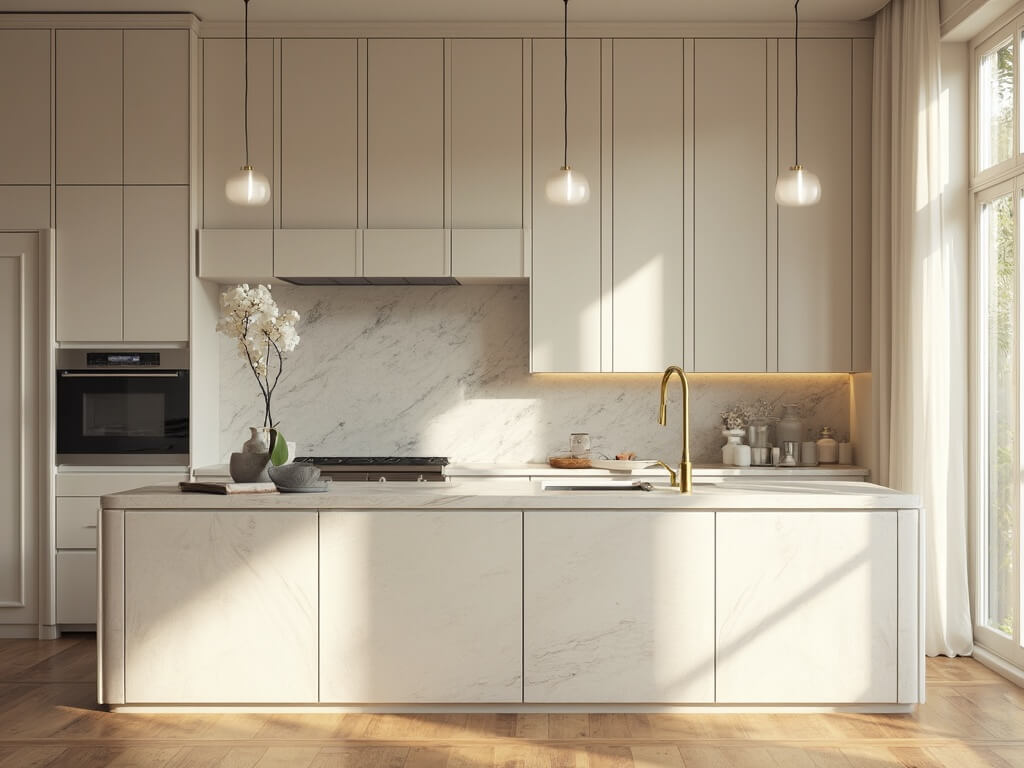 "Modern luxury kitchen with alabaster Shaker-style cabinets, veined quartzite waterfall island, and brushed gold accents in dramatic natural daylight"