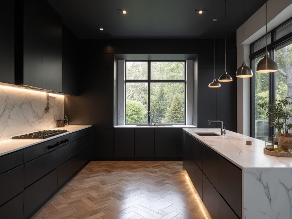 "Ultra-modern black kitchen with white quartz countertops and pendant lighting, bathed in morning sunlight from floor-to-ceiling windows"