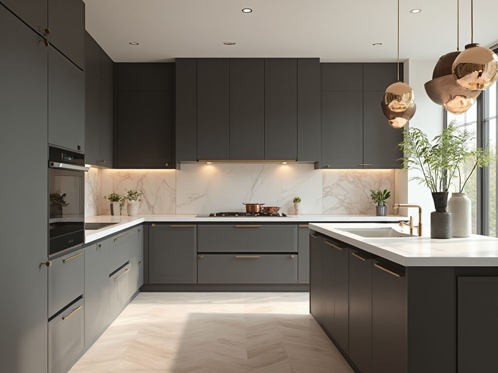 "Modern charcoal kitchen bathed in natural light featuring gold hardware, quartz countertops, marble backsplash and stylish copper cookware"