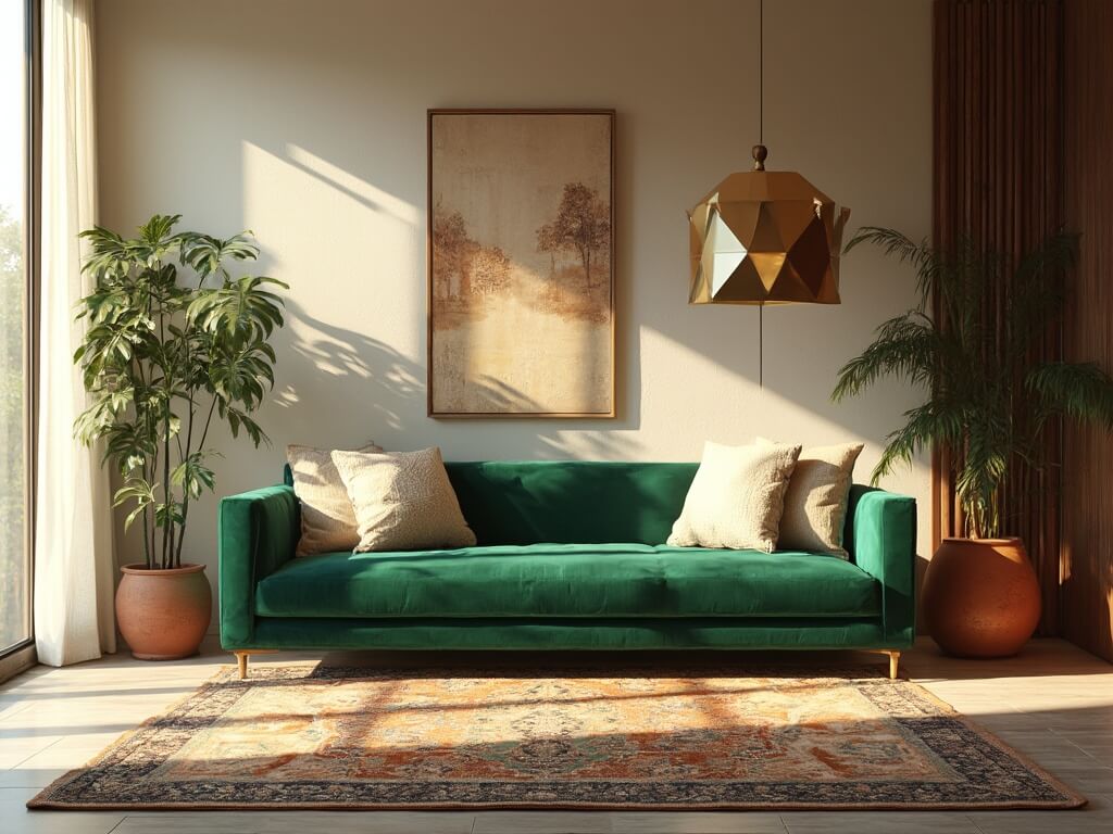 "Sunlit modern eco-luxe living room with emerald green velvet teak sofa, floor-to-ceiling windows, brass pendant light, and trailing houseplants"