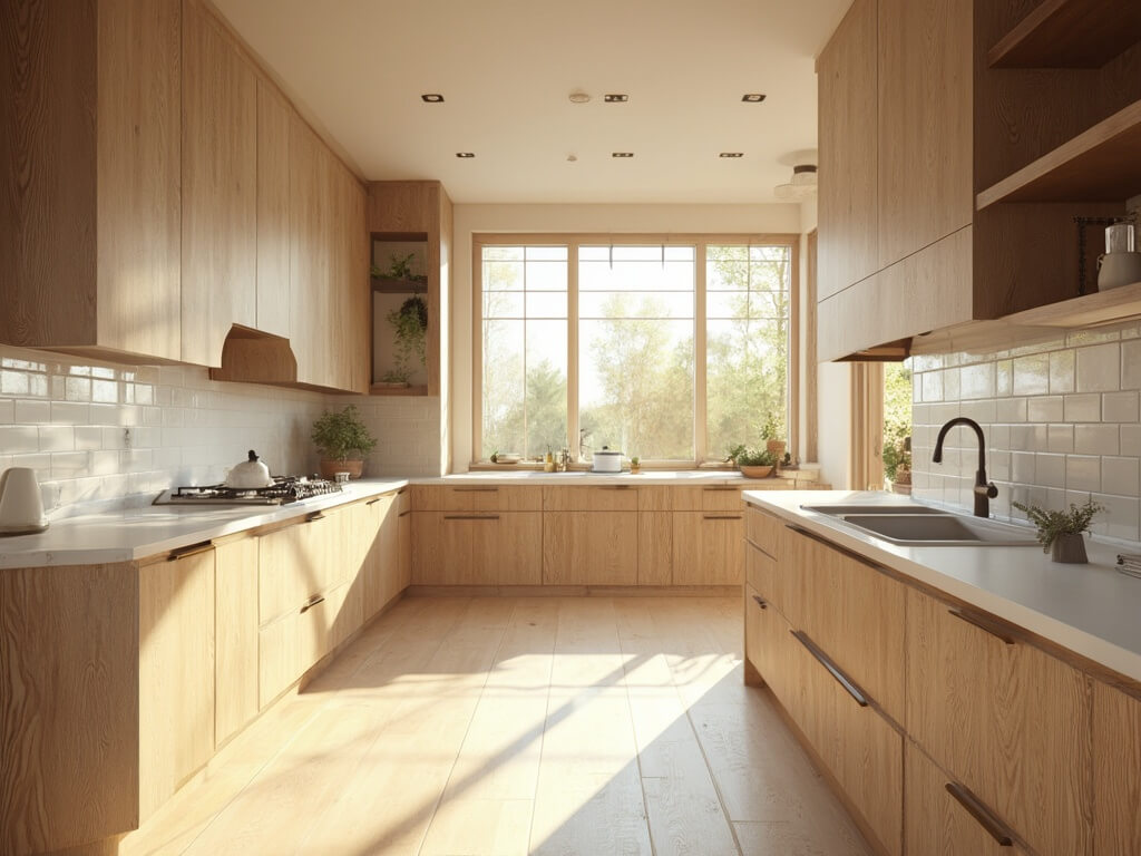 "Modern farmhouse kitchen with natural oak cabinets, white quartz countertops, and morning sunlight entering through east-facing windows"