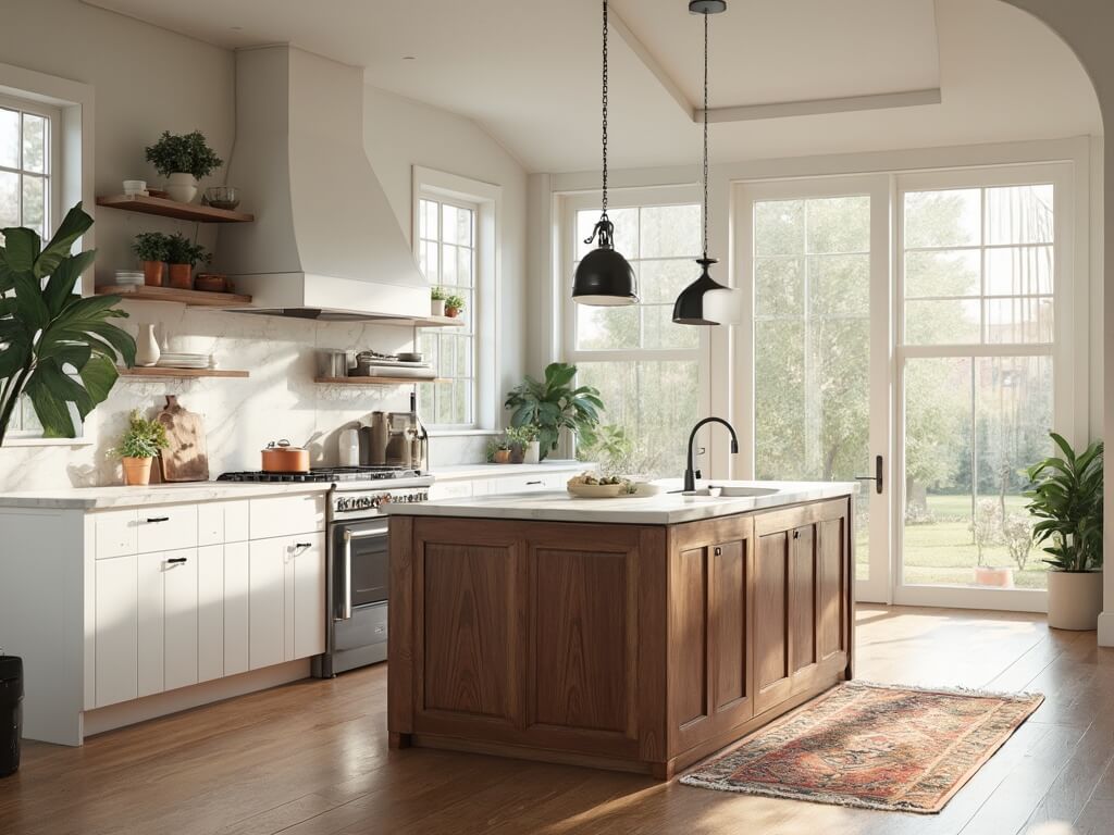 "Modern farmhouse kitchen with white Shaker cabinets, walnut island, Carrara marble countertops, professional appliances, and minimalist decor, capturing a bright and airy mood."