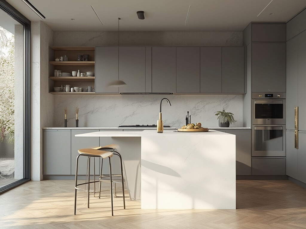 "Luxurious modern kitchen interior with grey shaker-style cabinets, white quartz island, oak herringbone flooring, and natural lighting from floor-to-ceiling windows"