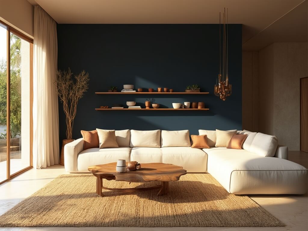 "Modern sustainable living room interior with Japandi aesthetic and reclaimed materials, lit by soft sunlight through floor-to-ceiling windows"
