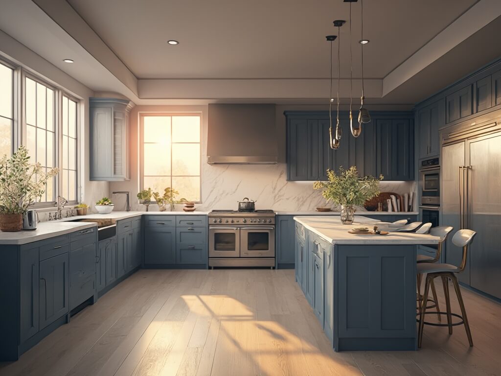 "Modern blue-gray kitchen at sunset with sleek appliances, quartz island, and warm oak flooring"