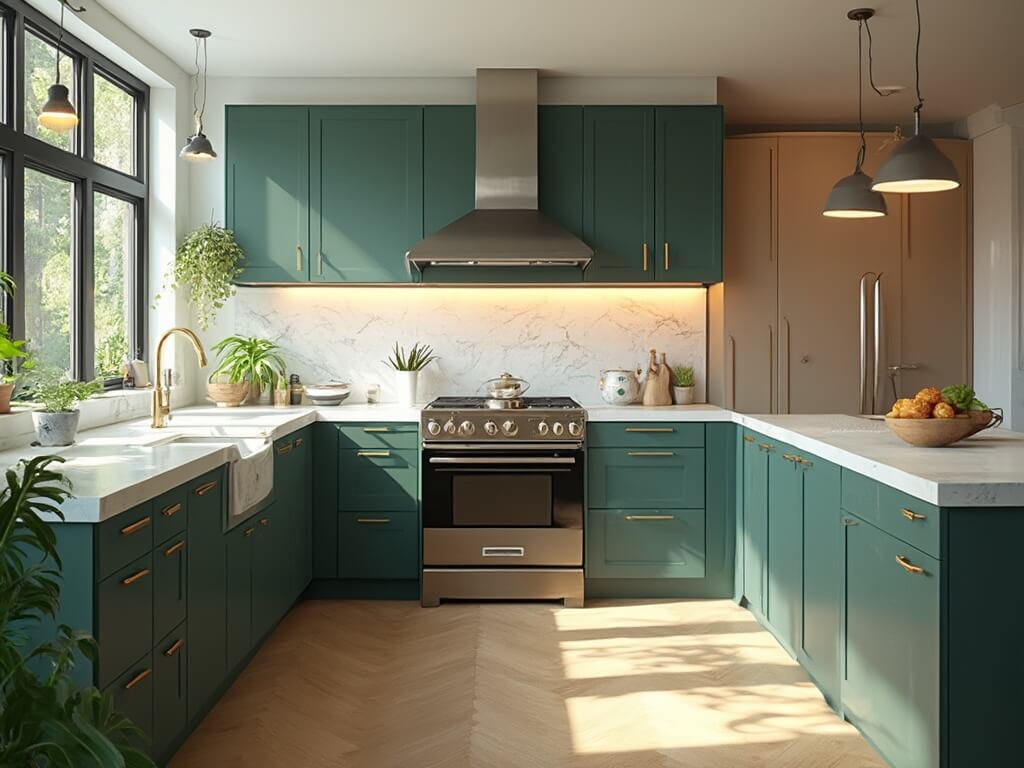 "Modern luxury kitchen with emerald green, navy blue, and taupe cabinets under varying natural and ambient lighting, showcasing premium finishes and textures in high-quality architectural photography."