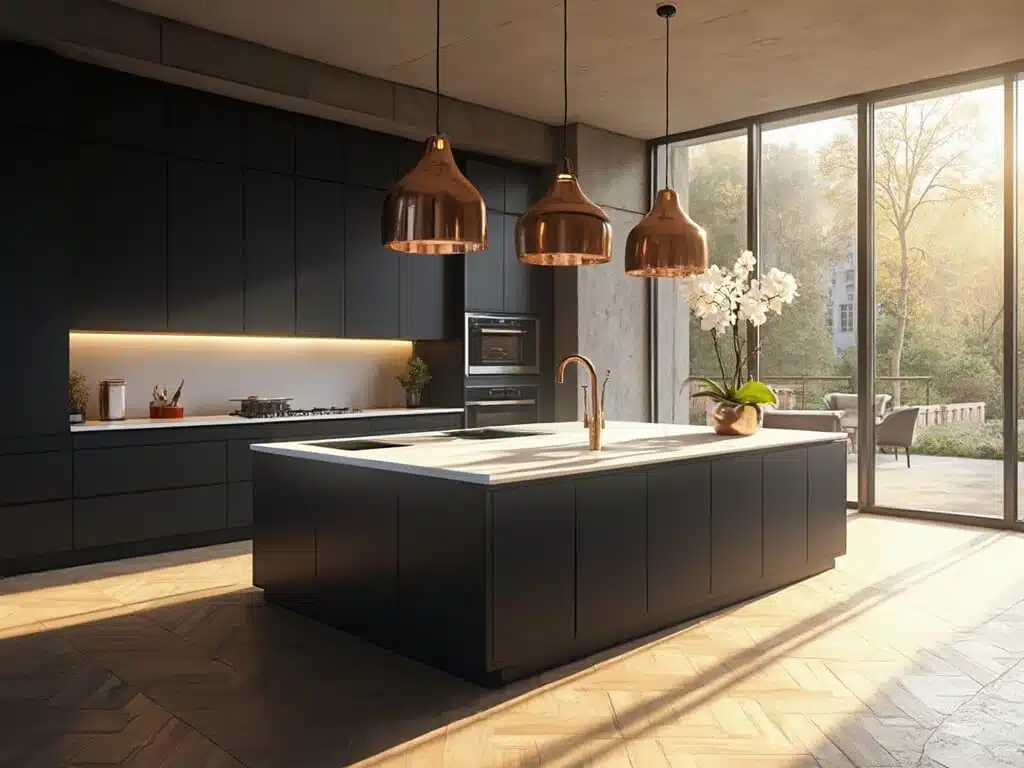 "Modern luxurious kitchen interior with black cabinets, white quartz countertops, and sunlit natural lighting."