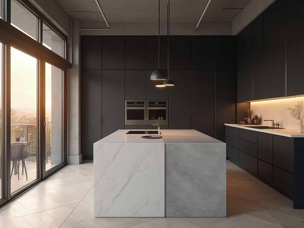 "Modern luxury charcoal kitchen with dramatic lighting featuring floor-to-ceiling cabinets, white quartz waterfall island, and professional-grade appliances"