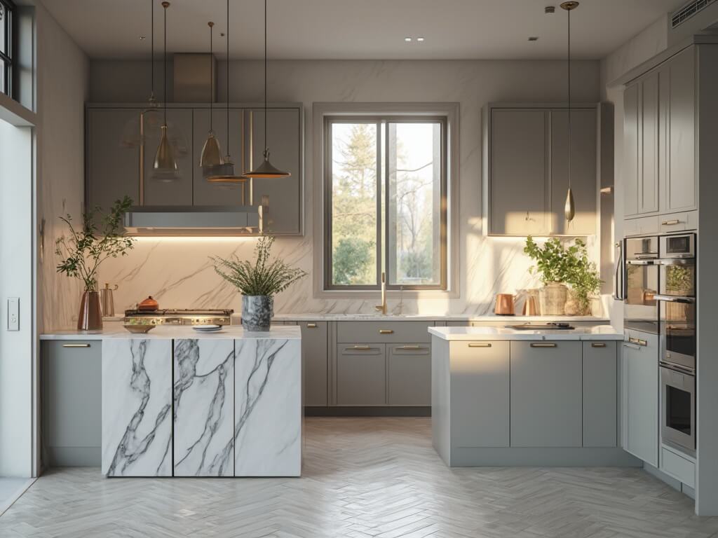 "Modern luxurious gray kitchen interior with floor-to-ceiling windows, white quartz island, and brass accents"
