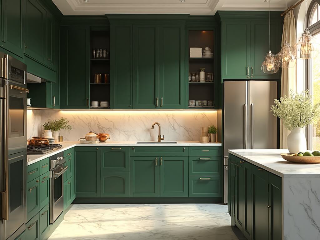 "Luxury kitchen with forest green cabinets, Carrara marble countertops, and golden hour lighting"