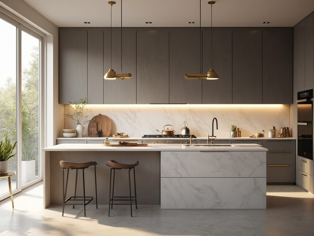 "Modern kitchen with dark taupe Shaker-style cabinets, white quartz countertops, luxury gold hardware, under-cabinet lighting, and natural light from floor-to-ceiling windows."