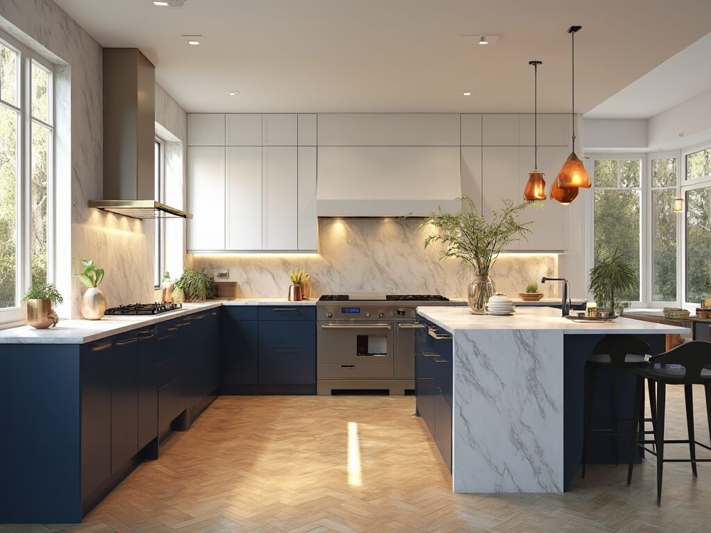 "Modern luxury kitchen with two-tone cabinets, quartz waterfall island, stainless steel appliances, and white oak herringbone flooring, captured in golden hour lighting"
