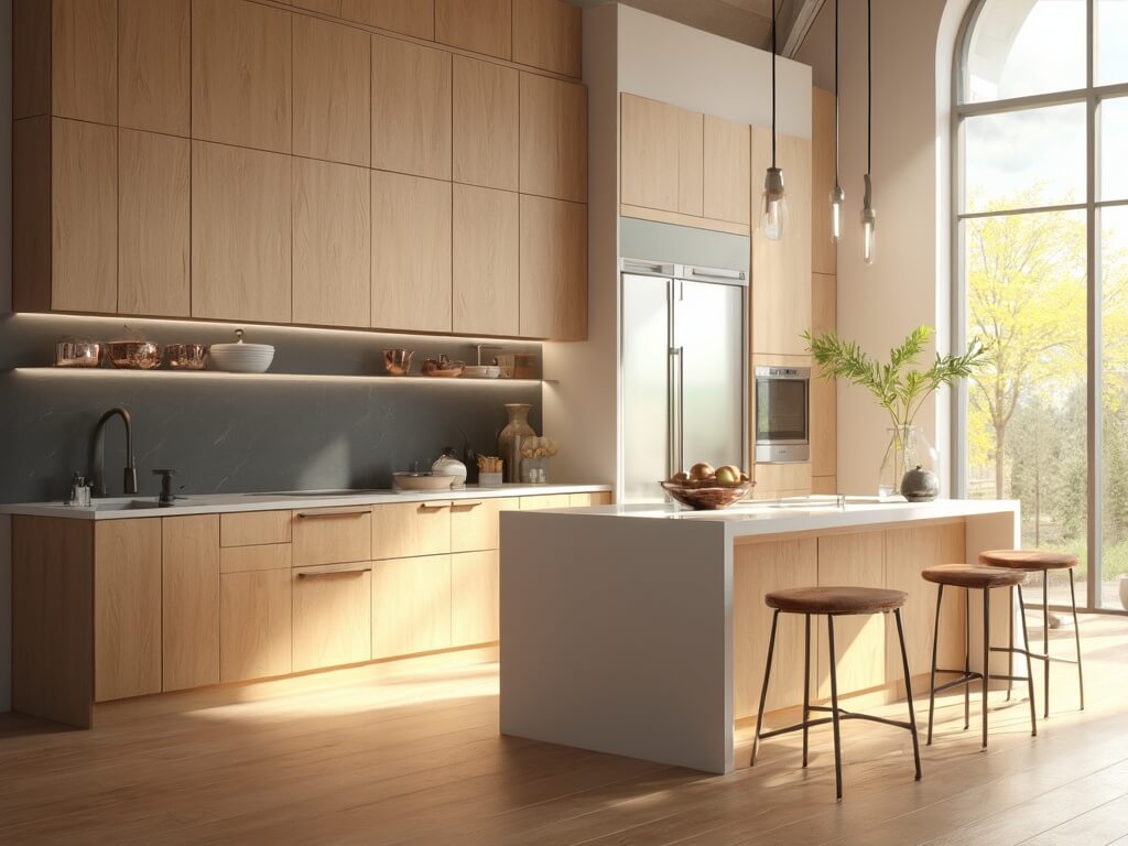 "Spacious sunlit modern kitchen with light maple cabinets, black granite countertops, stainless steel appliances, white quartz island, hardwood floors, and decorative details in high resolution."