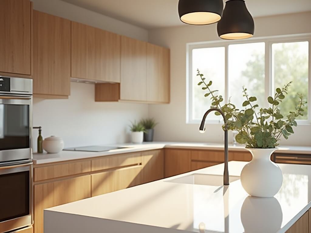 "Modern minimalist kitchen with light brown cabinets, white quartz countertops, stainless steel appliances and matte black pendant lights, illuminated by natural morning light."
