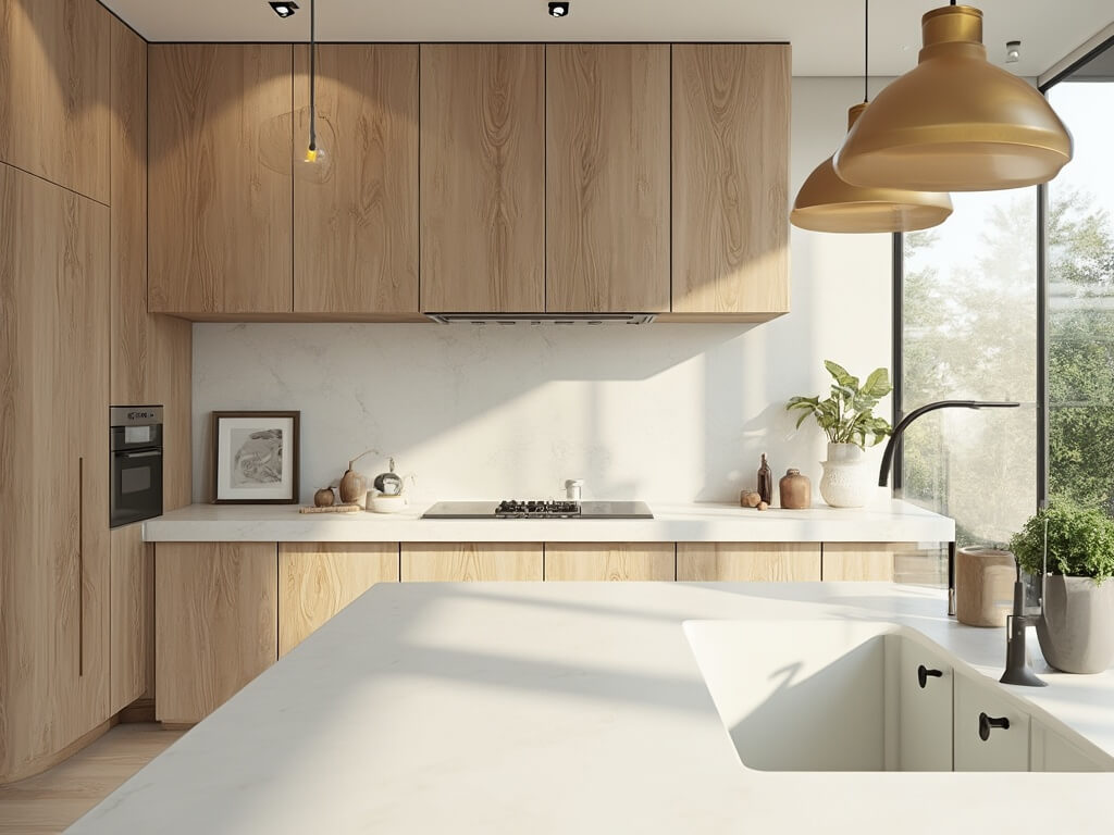 "Spacious modern kitchen with white oak cabinets, quartz waterfall island, and minimal styling in morning daylight"