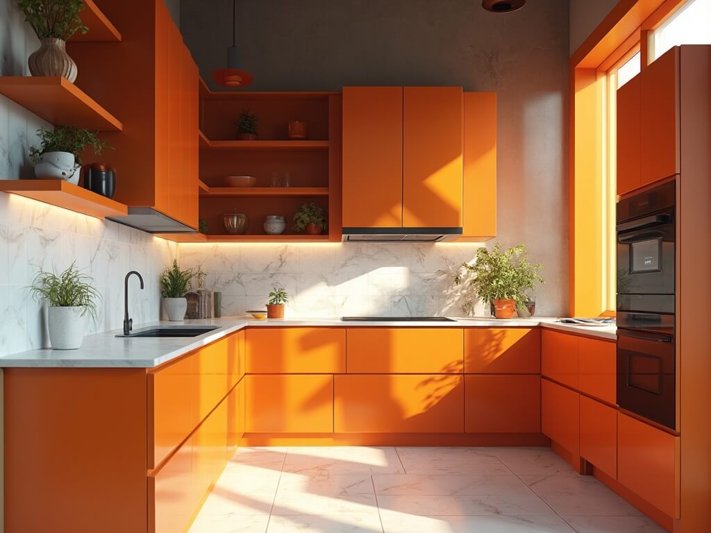 "Modern orange kitchen with white marble backsplash, stainless steel appliances, and golden hour sunlight"