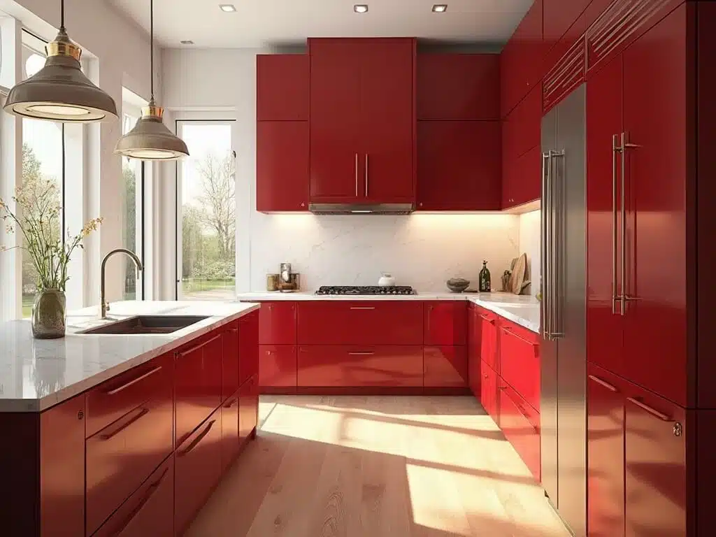 "Sunlit modern kitchen with cherry-red cabinets, white quartz countertops, stainless steel appliances, and light oak flooring"