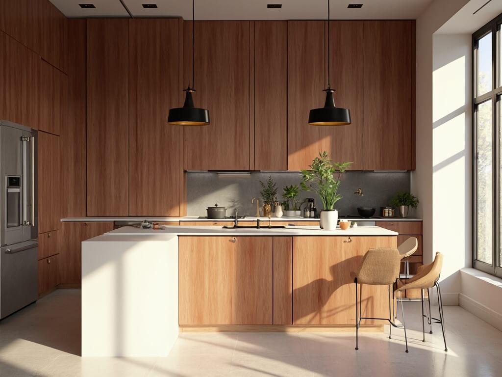 "Modern red oak kitchen with white quartz countertop island and black pendant lights"