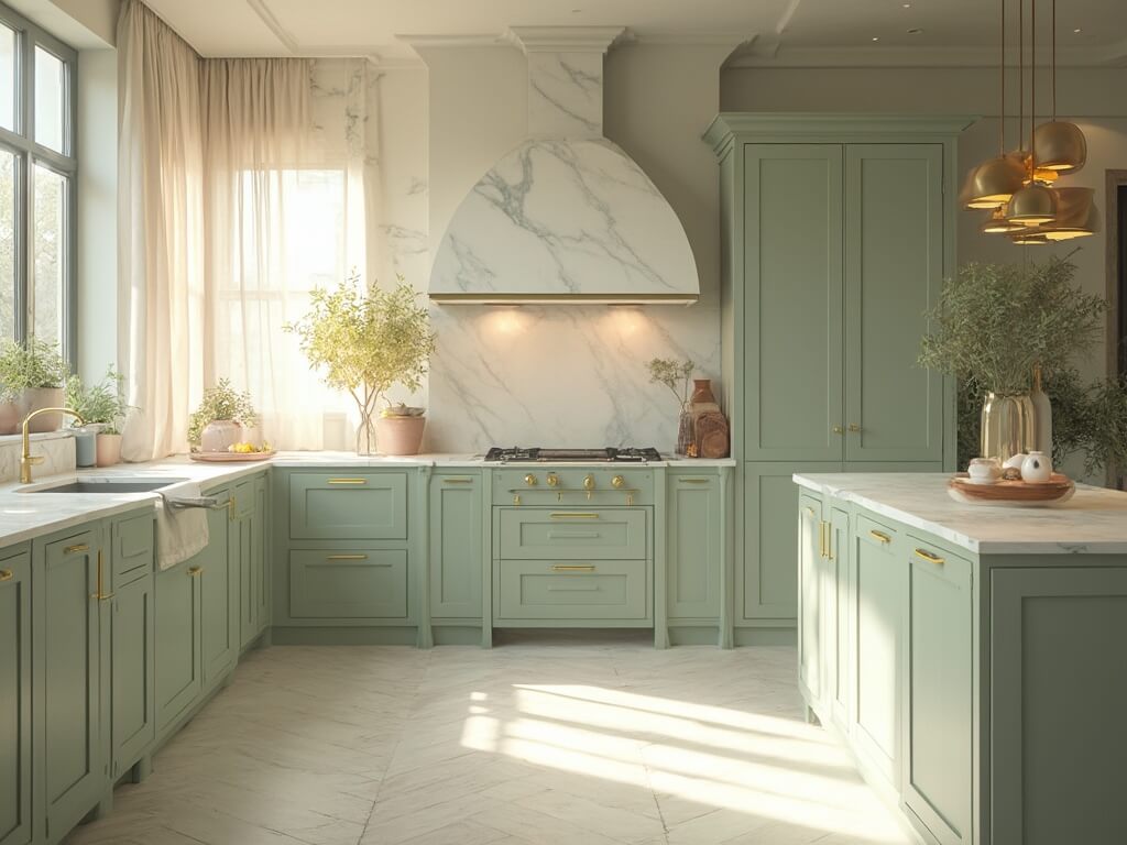"Modern sage kitchen interior with shaker-style cabinets, white marble countertops, brass fixtures, natural sunlight, and fresh herbs"