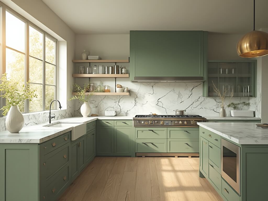 "Modern, organic design kitchen with sage green cabinets, Calacatta marble countertops, herringbone backsplash, and brushed brass lights illuminated by natural sunlight"