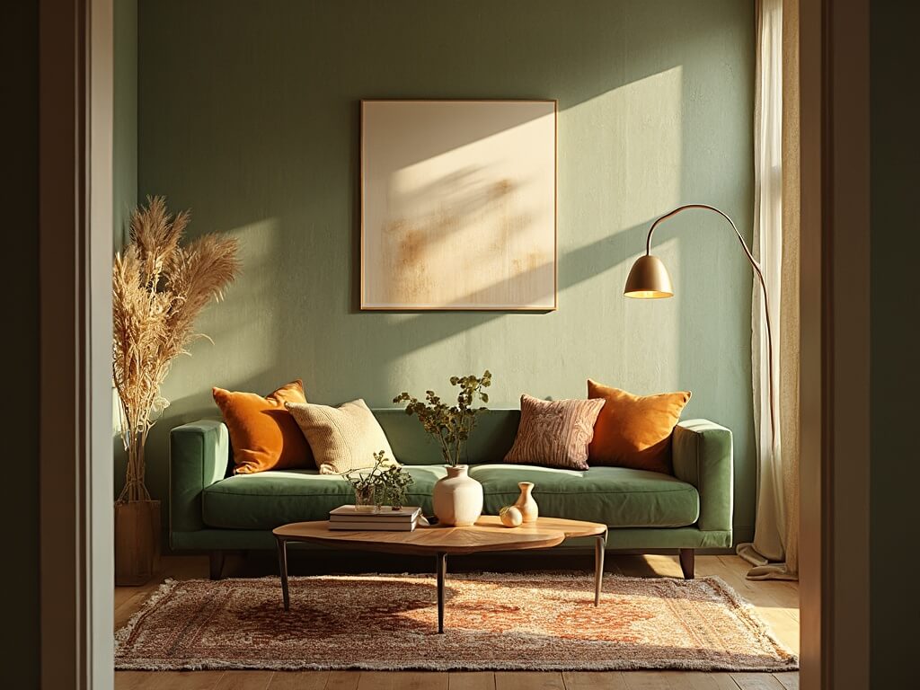 "Modern cozy living room with sage green walls, moss green velvet sofa, vintage brass floor lamp, and reclaimed wood coffee table, exemplifying 2025 interior design trends."