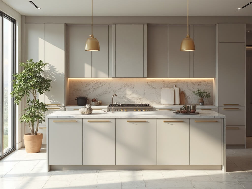 "Modern neutral kitchen illuminated by soft morning light, featuring matte greige cabinets, Calacatta marble island, white oak herringbone floors, and brass pendant lights"