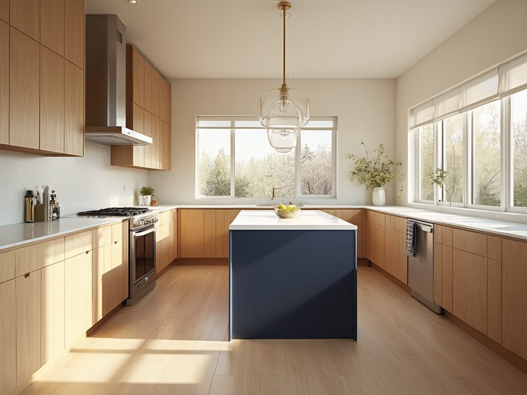 "Bright and airy sunlit maple kitchen with navy blue island and minimalist stainless steel appliances"
